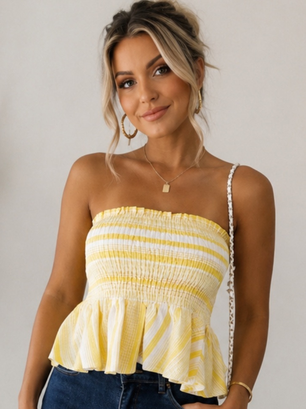 . Shop Hope's Yellow & White Striped Strapless Smocked Ruffled Tube Top